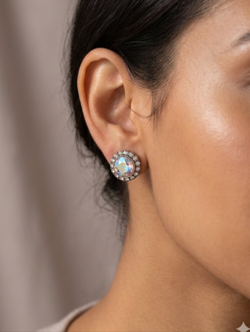 Round Crystal Stud Pierced Earrings Aurora Borealis